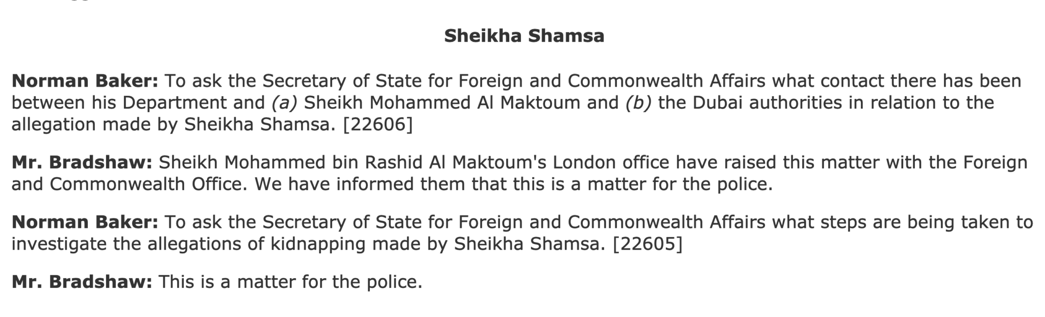 UK Parliament: House of Commons Debate on Sheikha Shamsa