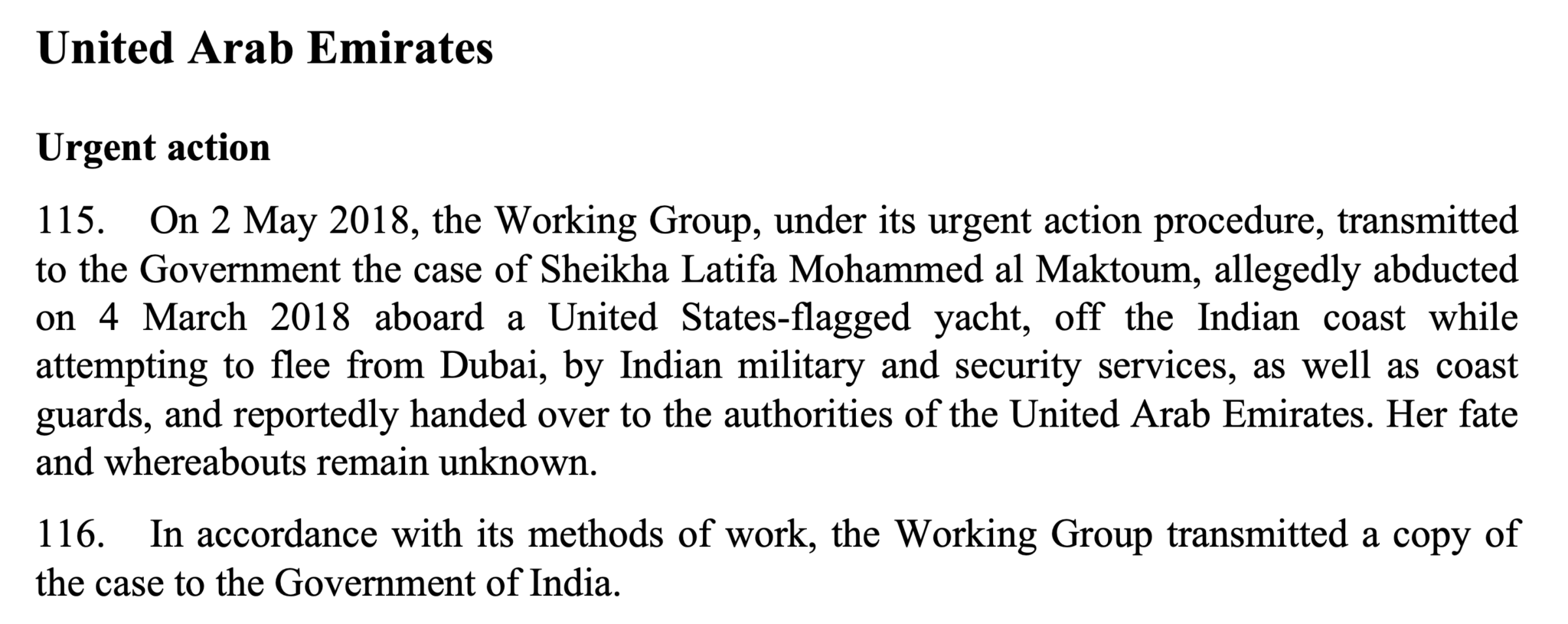 United Nations Working Group on Enforced or Involuntary Disappearances (WGEID) statement on detention of Sheikha Latifa al Maktoum